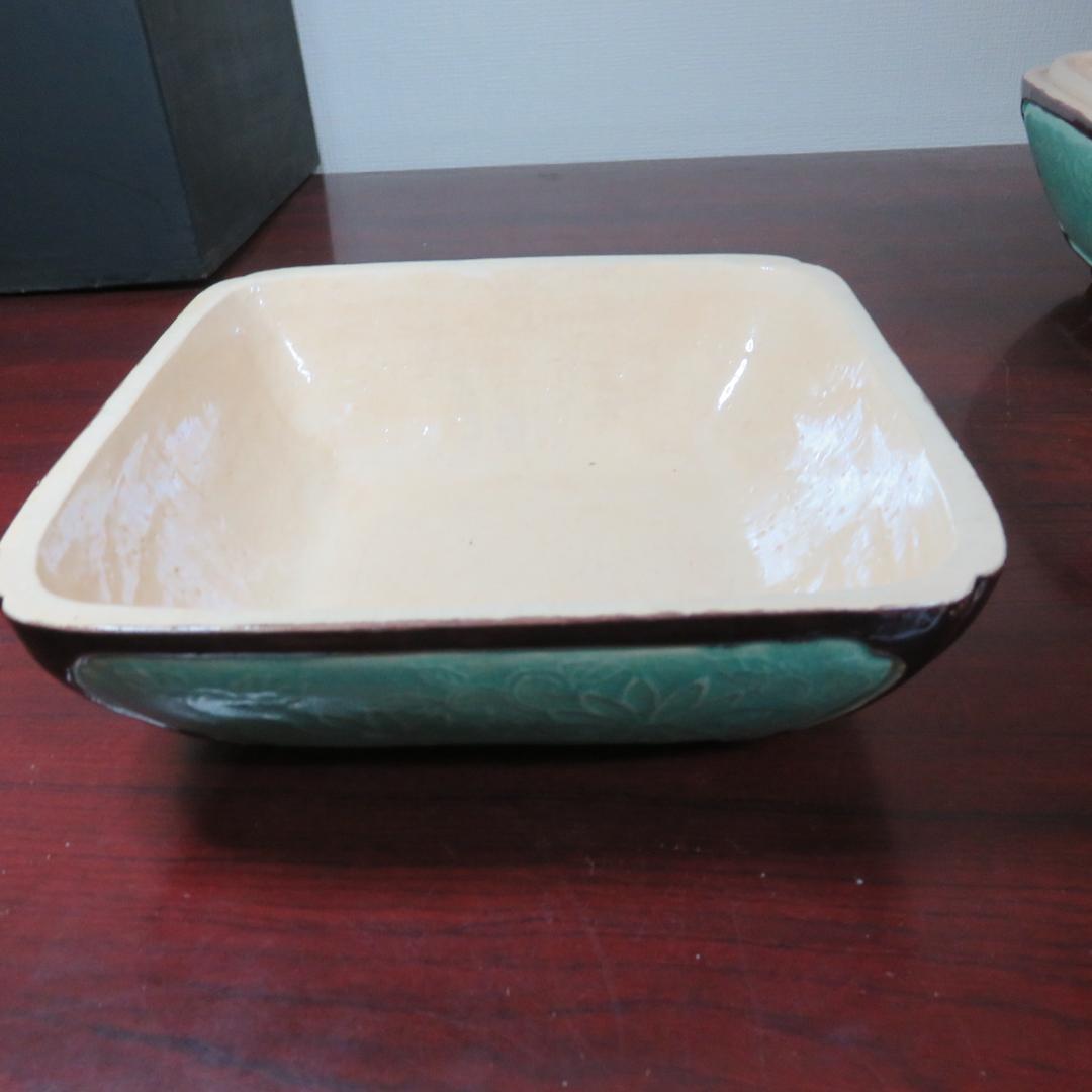 青磁 共箱 木箱 蓋物 菓子盆 菓子器 寿 銘 欠け 吉田屋