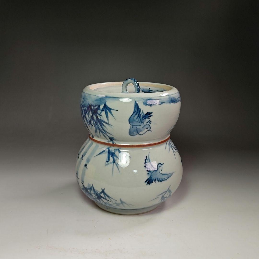 イ459 水指『水野菊晃作』『染付瓢形水指竹林仙人図　共箱　美濃焼』茶道具