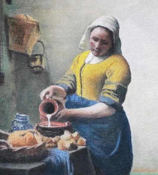 井上司　フェルメール「牛乳を注ぐ召使」模写　パステル画 F8