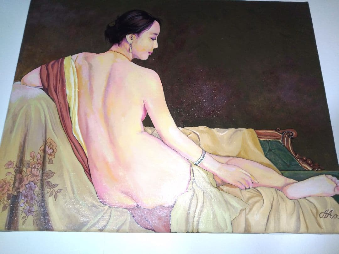 森本草介、絵画、裸婦、油彩６号、憩いの時、高級額縁、肉筆