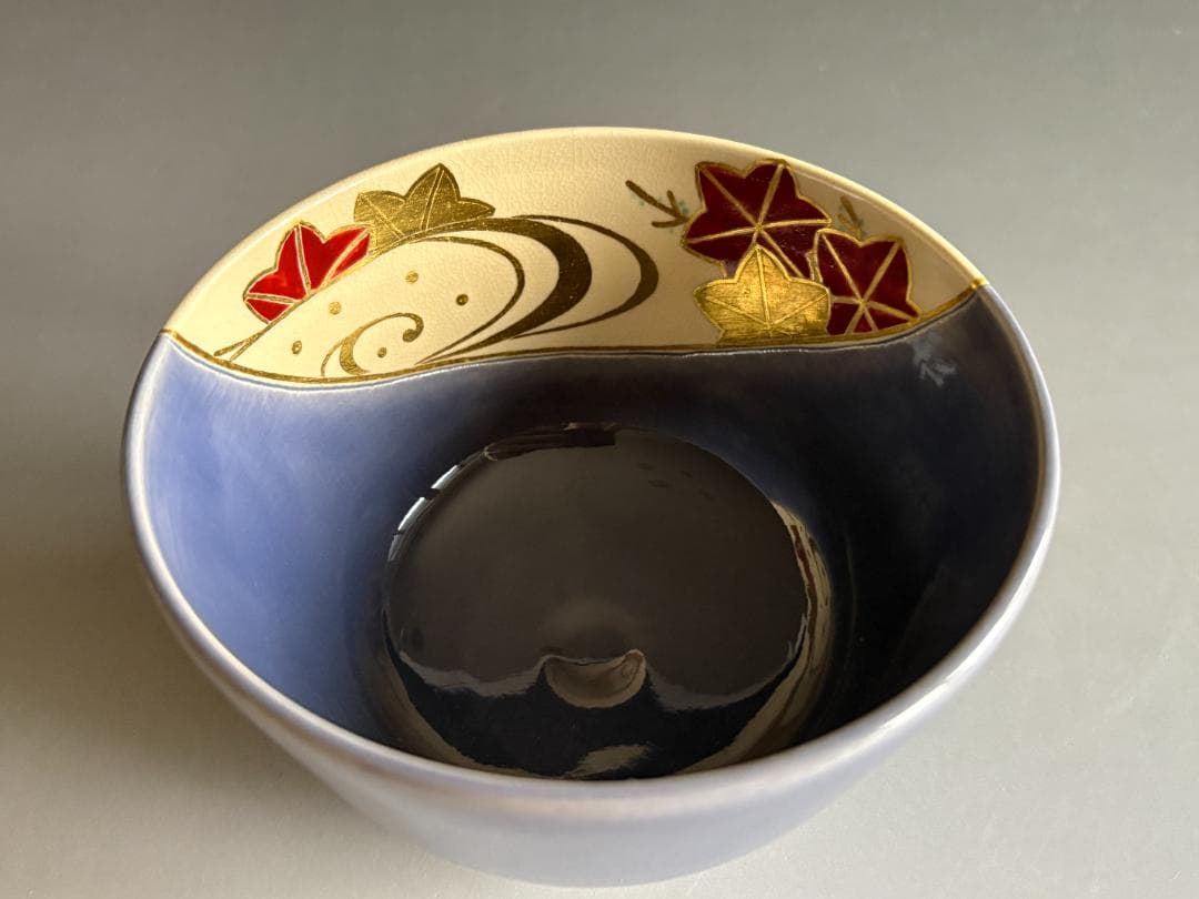 中村翠嵐　紺紫交趾　紅葉　茶碗　茶道具