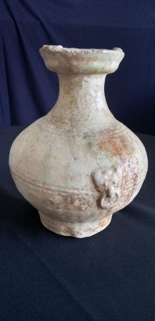 中国古陶器製瓶型 、緑釉双耳、緑釉銀化 高さ約20cm