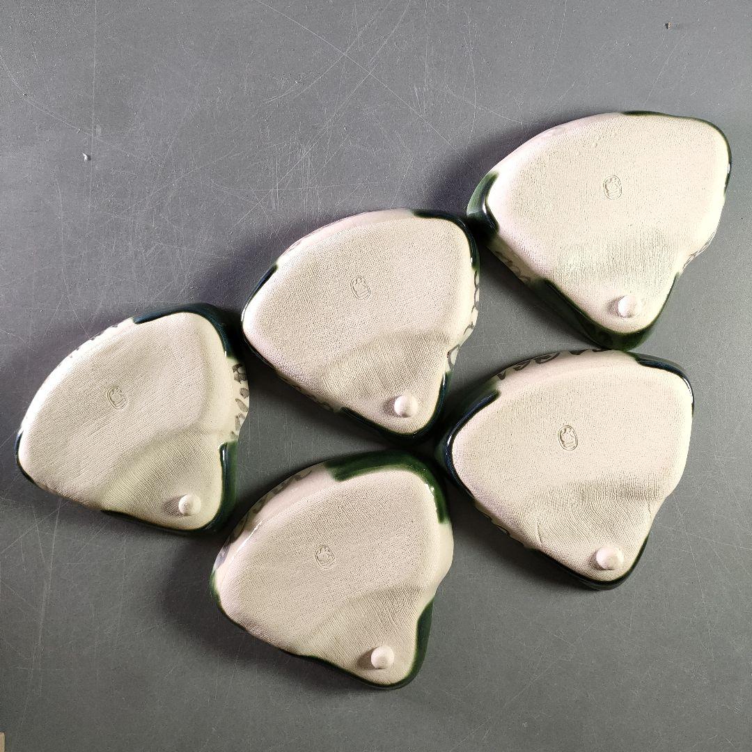 A913-2/織部焼/欣三 造/扇形皿5客/絵変/向付/飾皿/