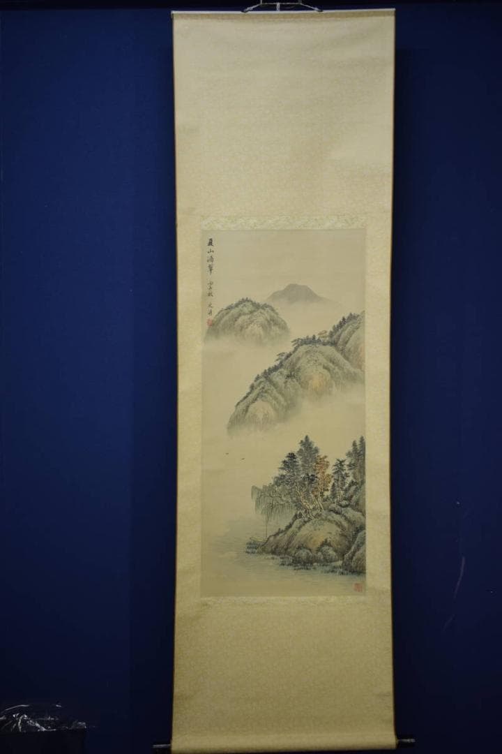 真作/文涛/山水画賛/夏山滴翠/布袋屋掛軸HJ-636