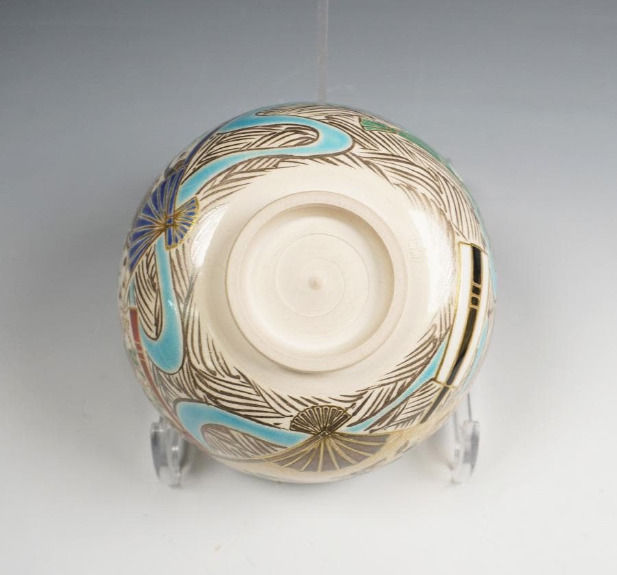 京焼 与山窯 小川由雄 仁清扇面草花茶碗 茶道具