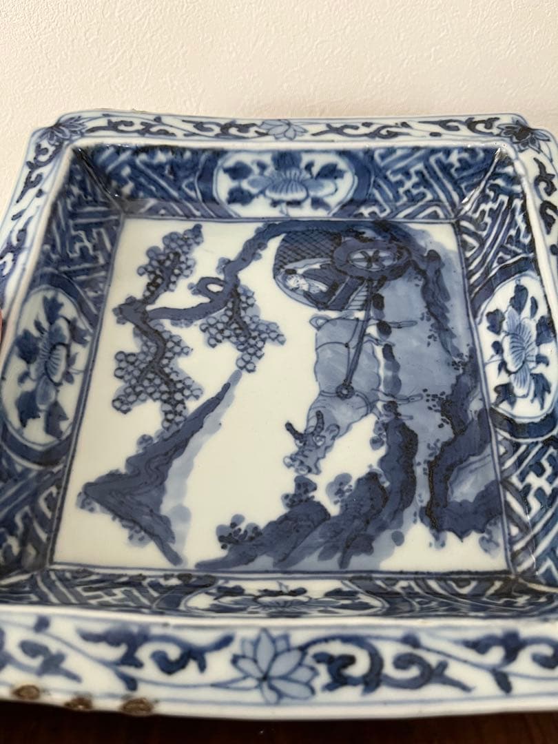 希少　中国古美術明時代　天啓古染付　牛車翁　紗綾紋　隅切角皿　古伊万里　清朝期