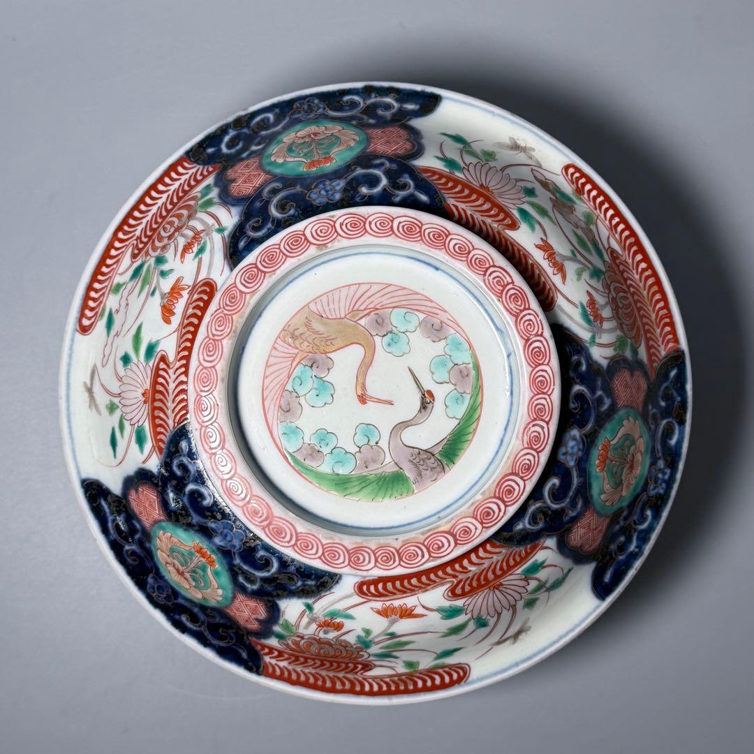 1800年代　江戸期　古伊万里　染錦鶴文様蓋付鉢　大聖寺伊万里　七宝文