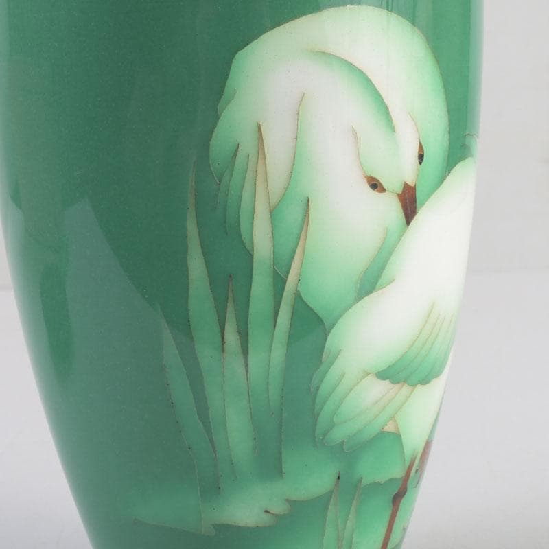 七宝焼　緑釉　双鳥文　花瓶　唐木台付　共箱　V　9586