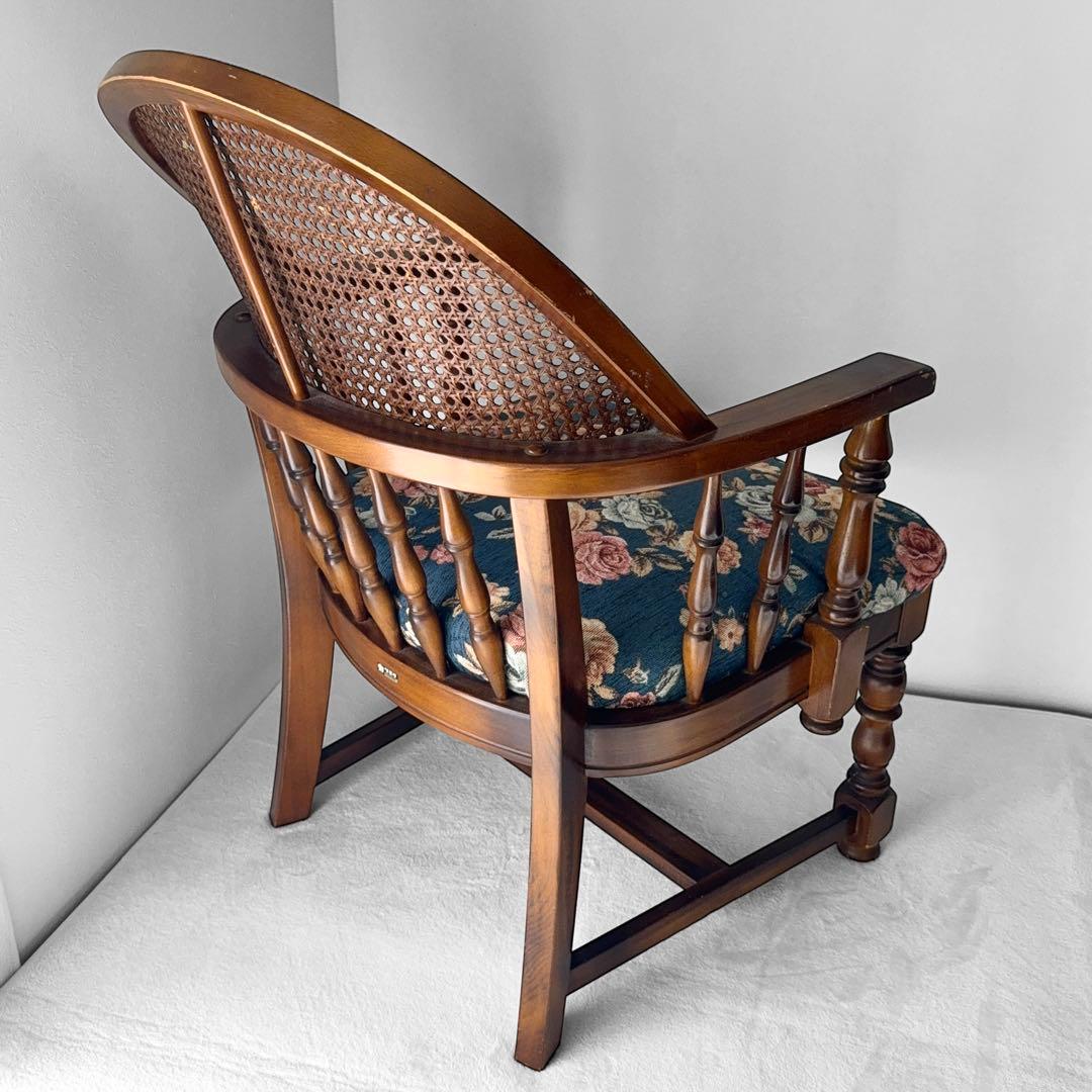 オールドカリモク コロニアル 花柄 ベロア ラタン アームチェア アンティーク