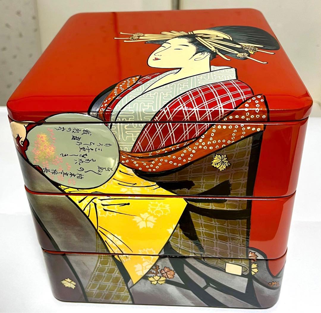 会津塗 木製三段重 朱漆 浮世絵 手書 蒔絵 うるし絵・会津絵　珍品