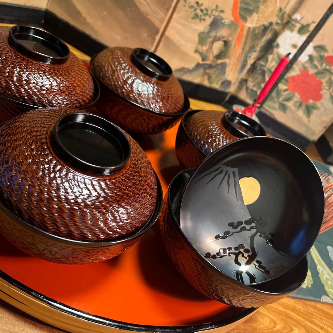 A1029 木製輪島塗　富士月　闇蒔絵　流水に亀蒔絵　吸い物庵5客