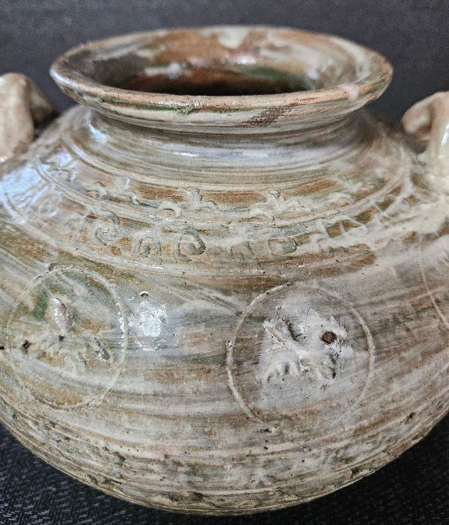 【李朝コレクター放出品❗】李氏朝鮮時代　粉青沙器　丸に鳥　花三島　双耳　壺　花入