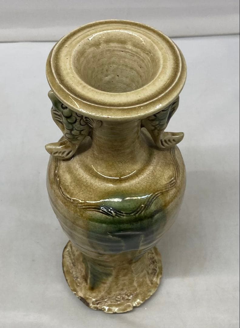 B477s 「織部 双魚飾花生」織部様式　花入　茶道具　作者不詳　箱無し