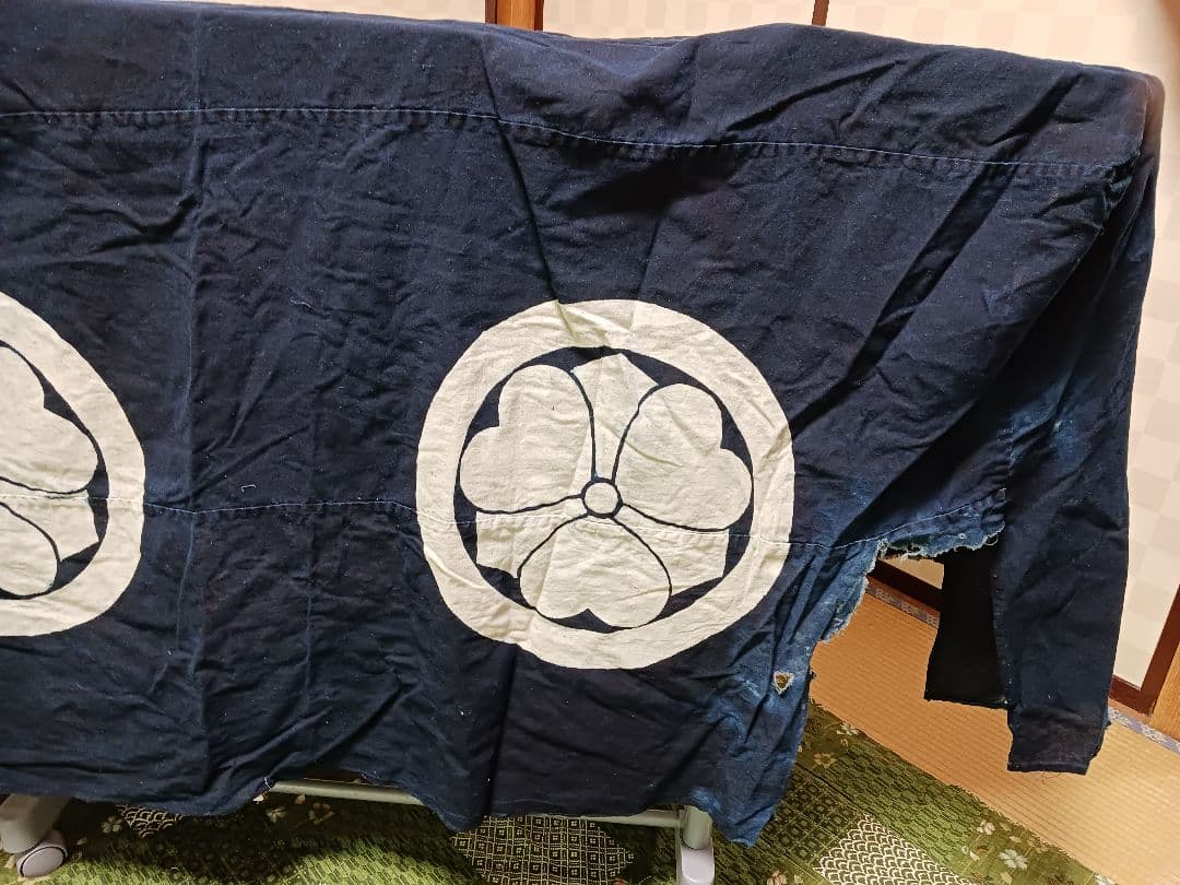 古布　油単　綿　濃紺　藍染　紋四つ　筒描き　一枚