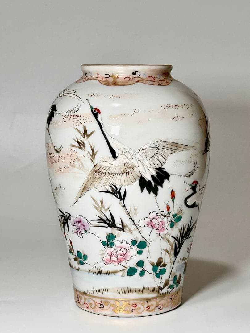 明治瀬戸の名工 加藤繁十 桃花園画 上絵飛鶴文花瓶 其の弍 名古屋絵付 瀬戸