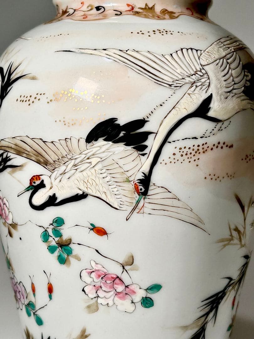 明治瀬戸の名工 加藤繁十 桃花園画 上絵飛鶴文花瓶 其の弍 名古屋絵付 瀬戸