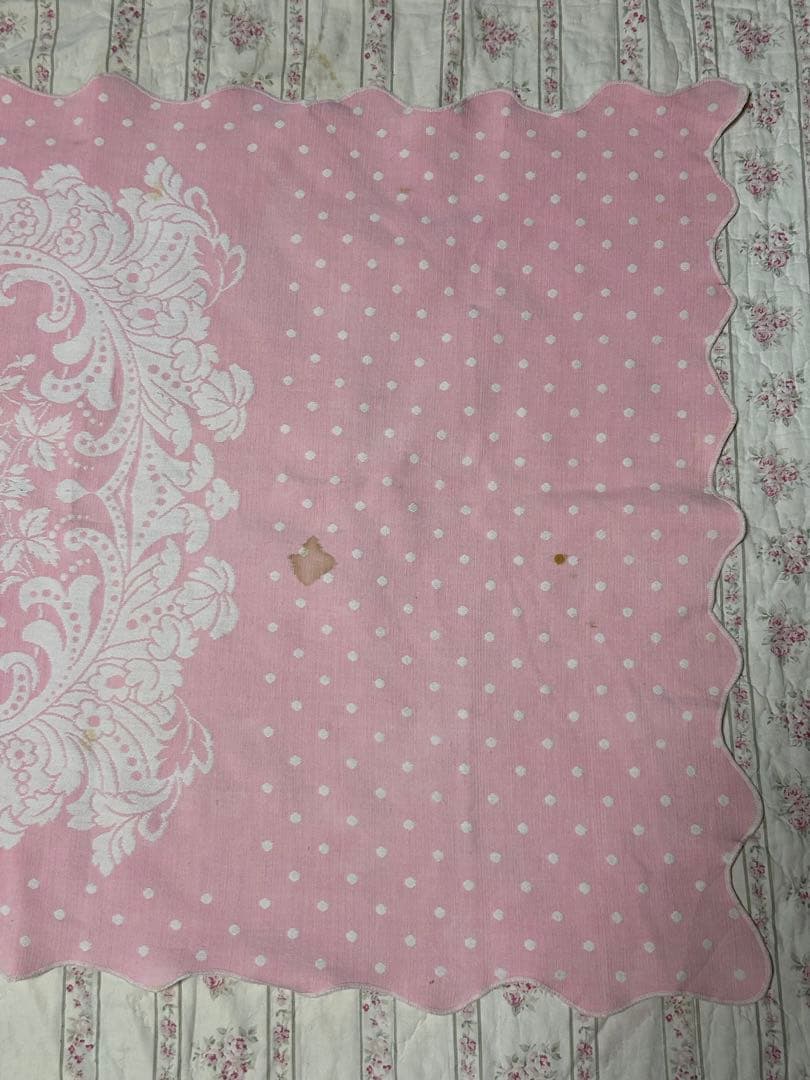 ヴィンテージアンティーク布　ピンク　水玉　テーブルクロス