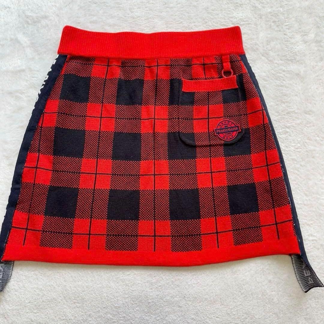 美品 パーリーゲイツ　セットアップ　モックネック　スカート　レッド　チェック