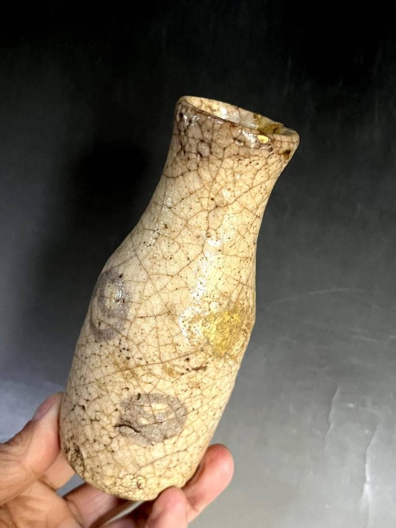 花瓶■古志野 丸紋 桃山期 華入 徳利型 古い花器 唐草 時代物 骨董品 名品■