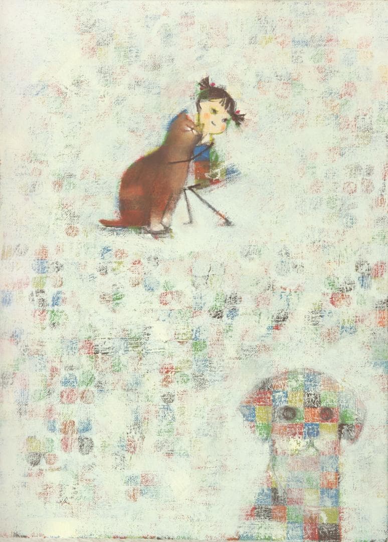油絵 菅家令子 絵 絵画インテリア額付(銀) F4-072419 子猫犬 女の子