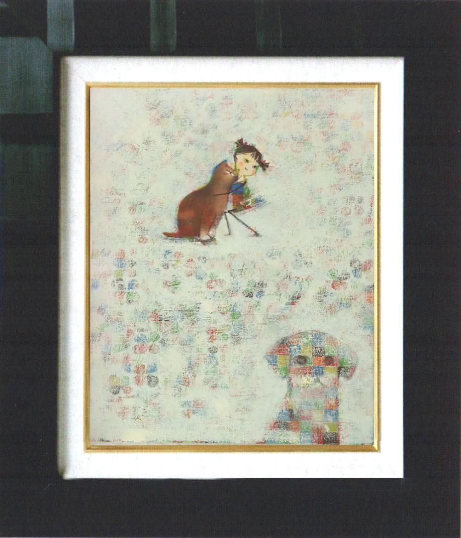 油絵 菅家令子 絵 絵画インテリア額付(銀) F4-072419 子猫犬 女の子
