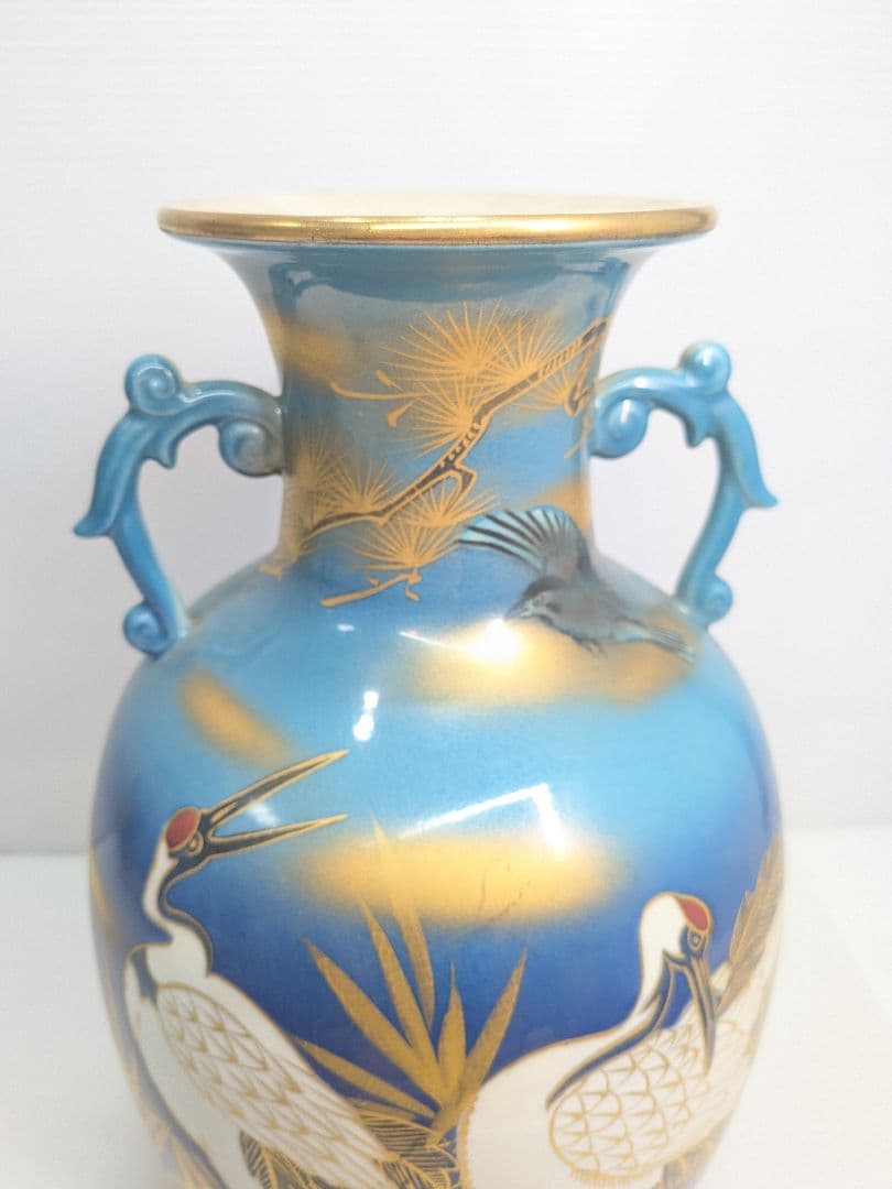 P646 九谷焼 玉浪 鶴松絵 花瓶 花器 金彩 青系 華道 茶道 インテリア