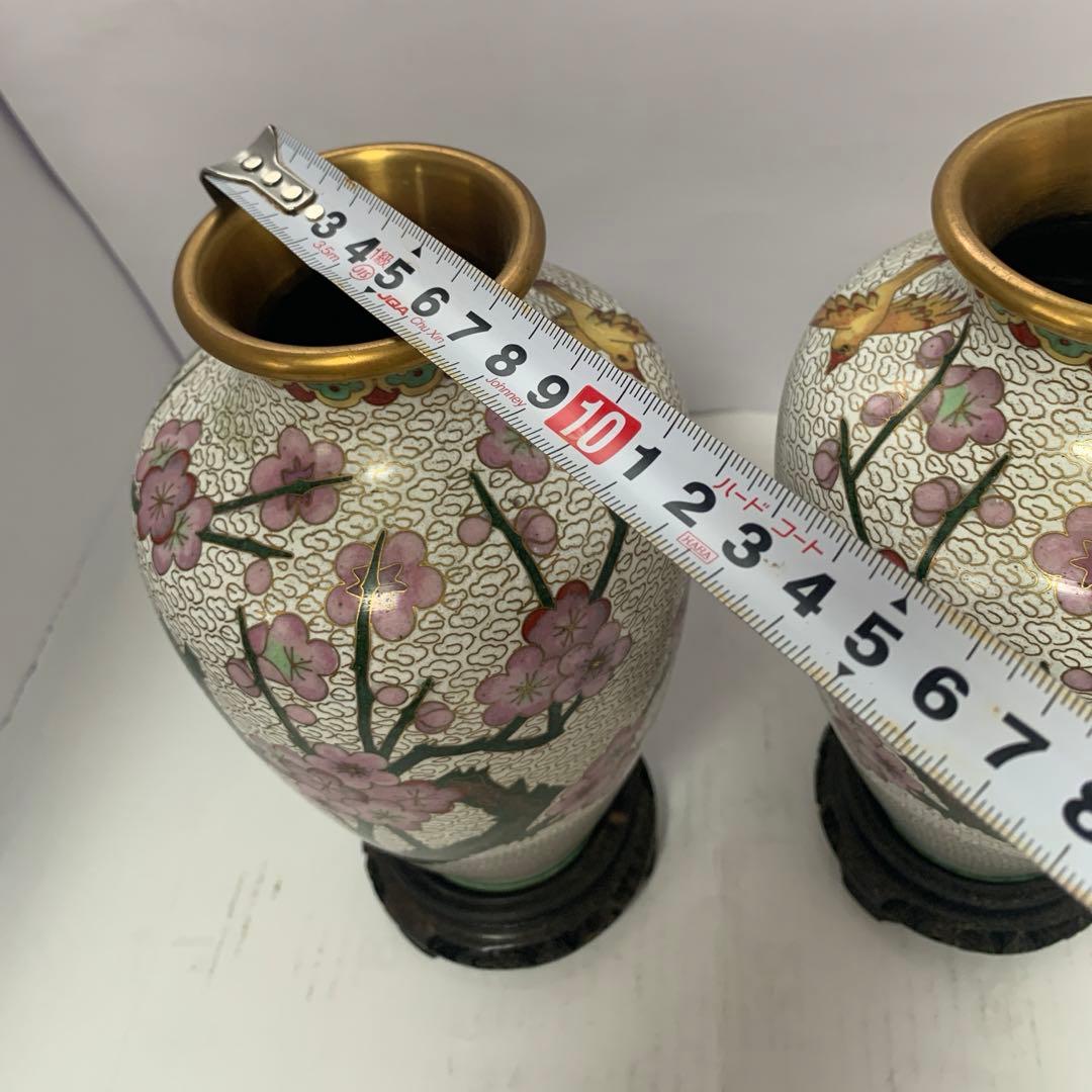 中国美術　七宝焼　花鳥花瓶一対　木台付き　送料込み