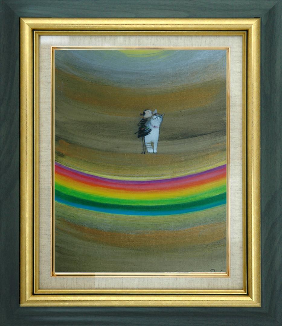 油絵 菅家令子絵 絵画インテリア額付(淡い銀青緑)F3-030919虹子猫犬女子