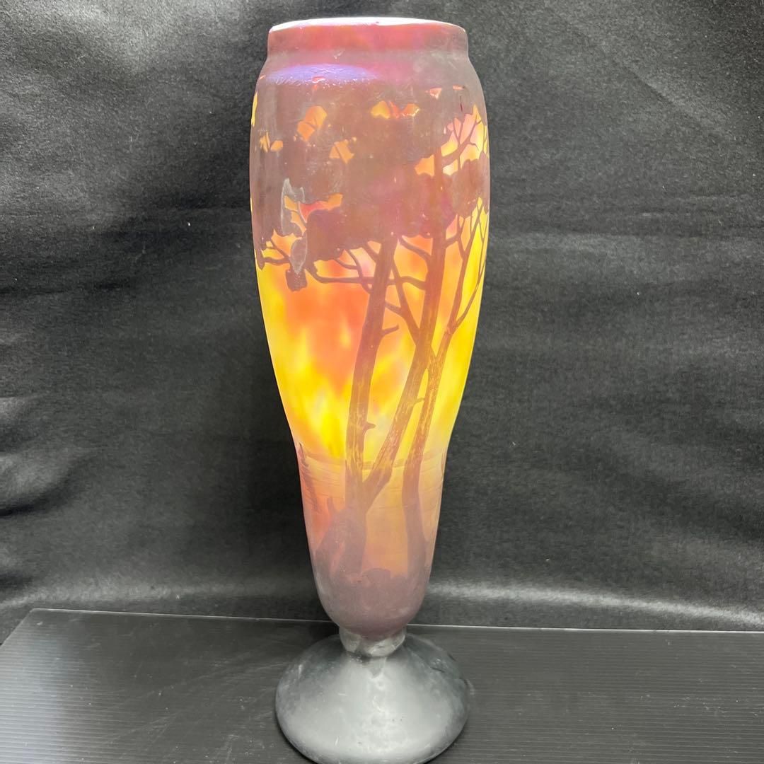 19世紀　ドーム・ナンシー　在銘　異色ガラス溶込酸化腐食彫花入　高さ約35.5㎝