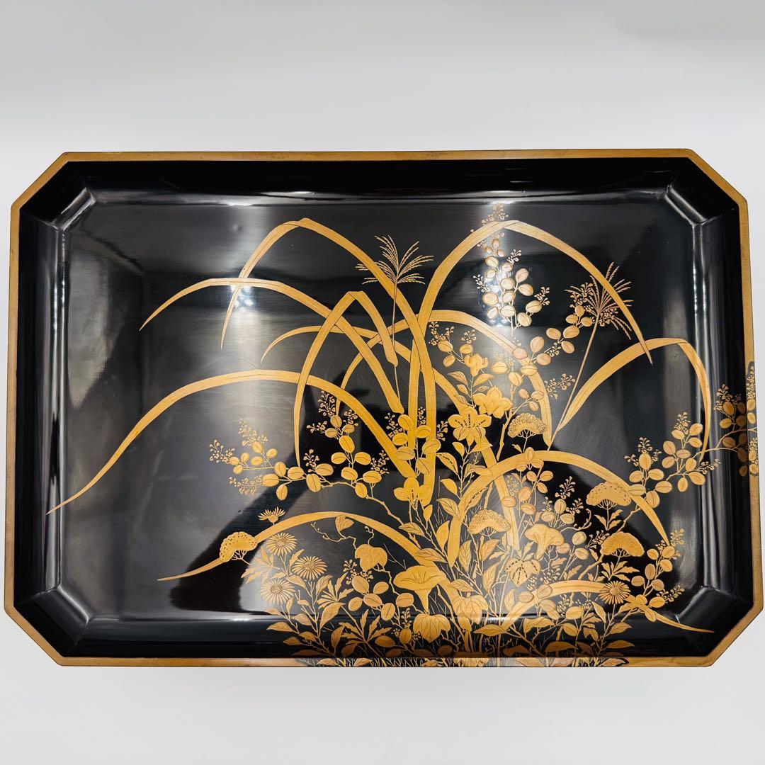 【長野横笛　黒箪花蒔絵香盆　膳　卓】漆芸　木箱　伝統工芸　明治　京漆器　秋草