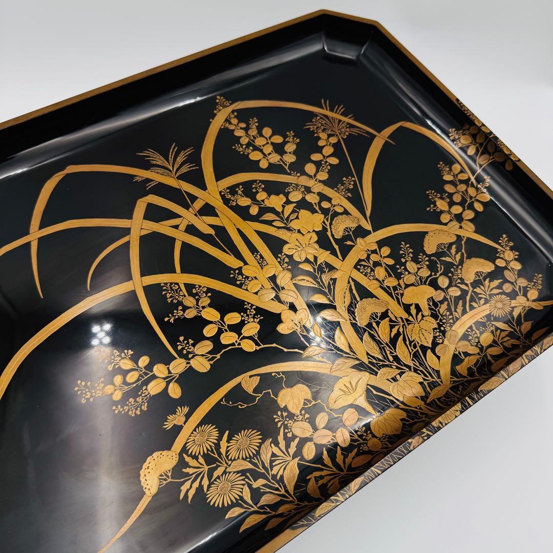 【長野横笛　黒箪花蒔絵香盆　膳　卓】漆芸　木箱　伝統工芸　明治　京漆器　秋草