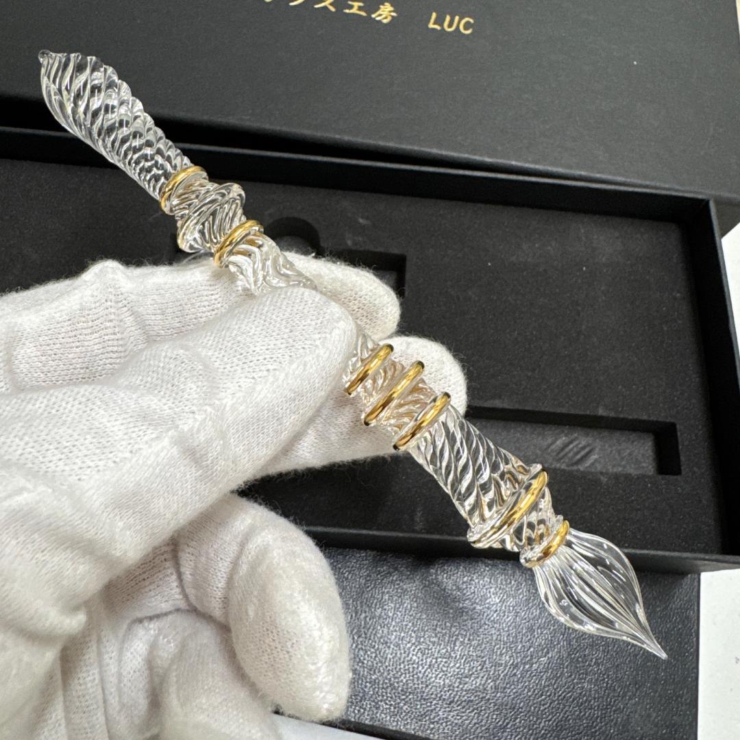 GA7126◆未使用 ガラス工房 LUC ガラスペン クリア ゴールドライン♪