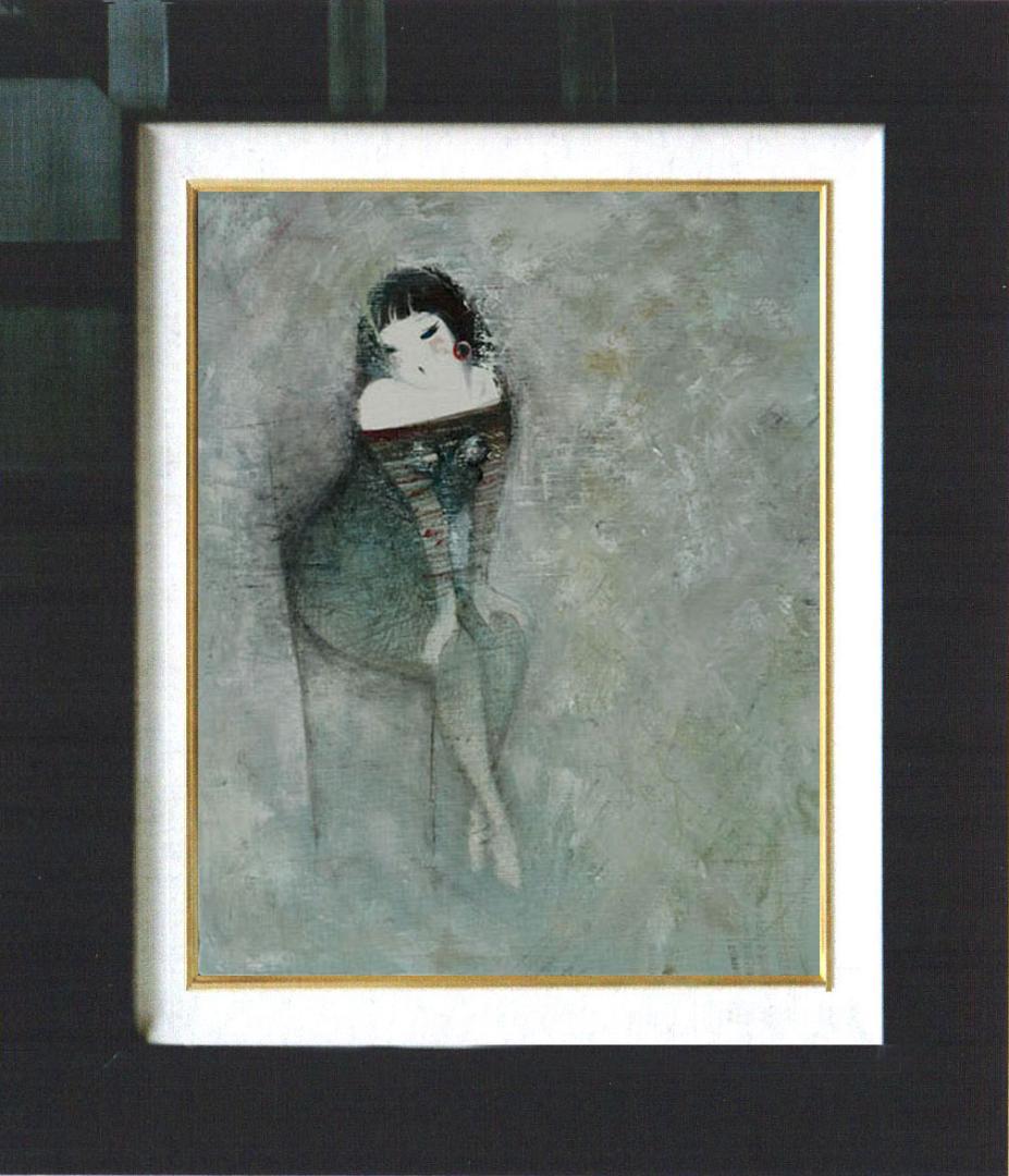 油絵 菅家令子 絵 絵画インテリア額付(青緑＋金色の枠) F6-081012女性