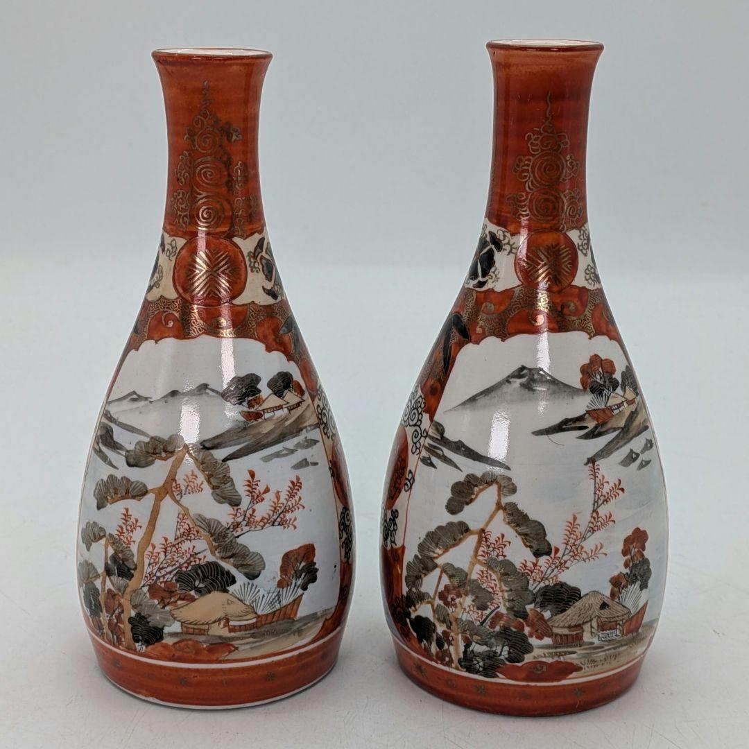 明治～昭和初期 九谷焼 赤絵徳利一対 時代箱 とっくり 酒器 食器 一輪挿し花入