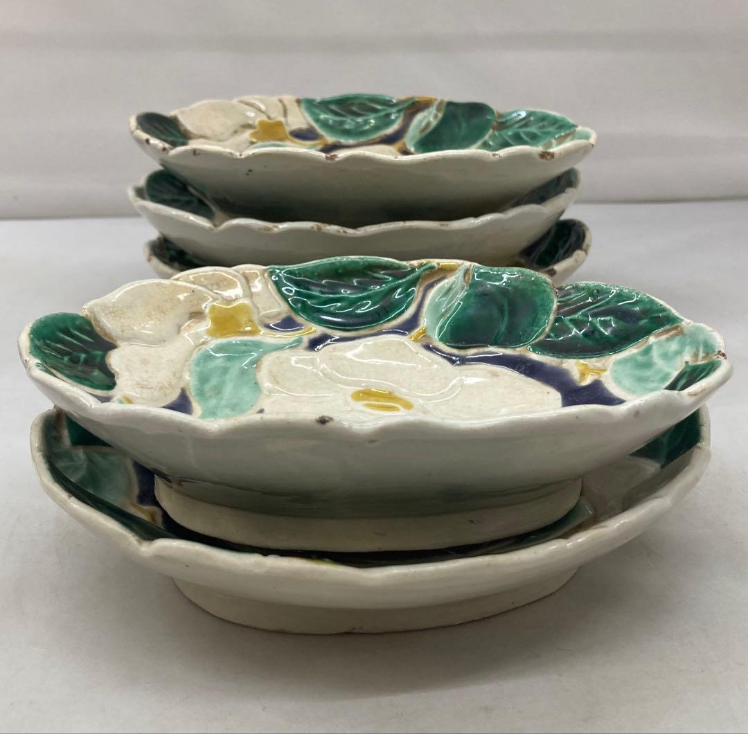 B389b 「椿図皿 5枚」九谷焼　金城製　春日山窯　青木木米　陶器　金沢