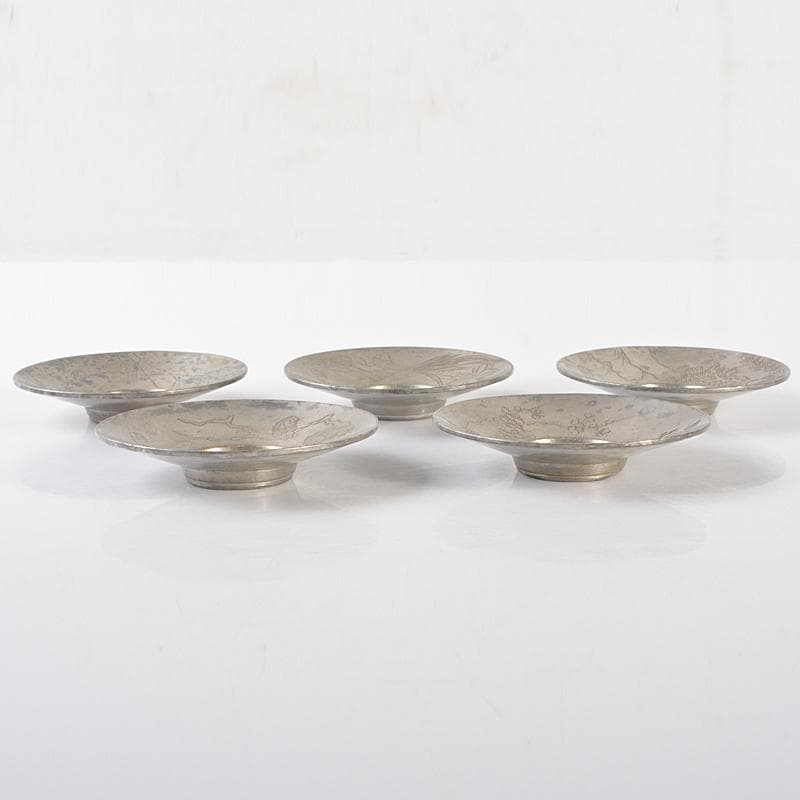 煎茶道具　古錫　彫金漢詩刻　絵変茶托　五客　D　R6539