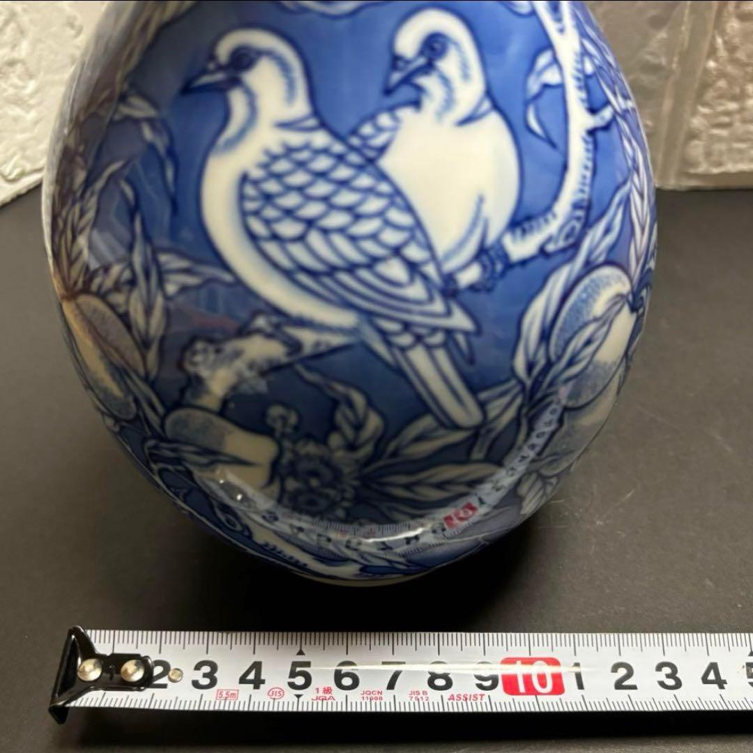 辻常陸 花瓶 染付け 宮内庁御用達 桃 鳩 瓢箪