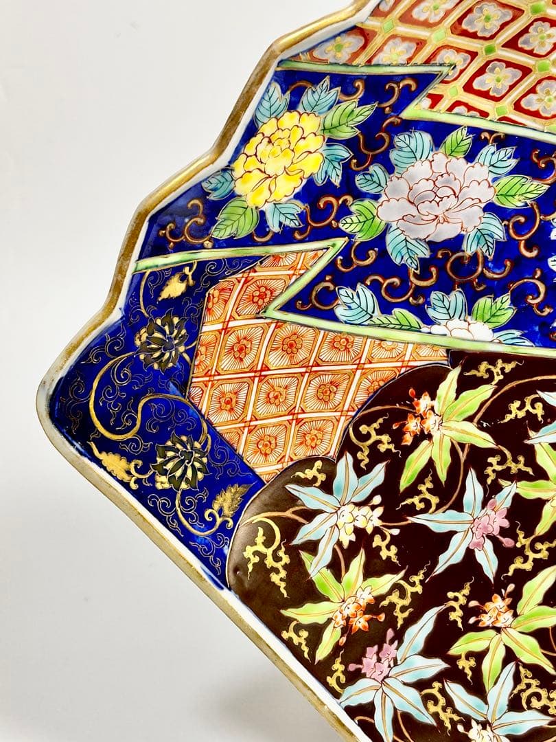 深川栄左衛門 染錦草花有職文扇形大皿 幕末 明治 香 蘭社 有田 伊万里