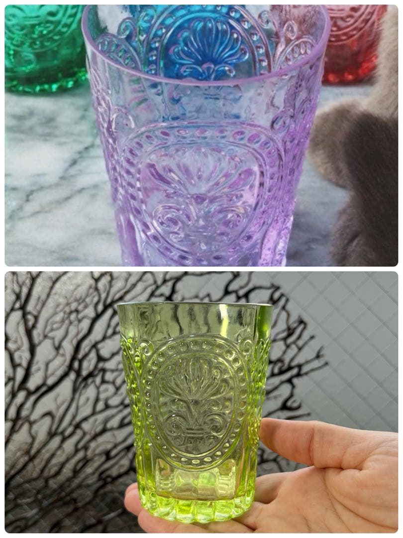 骨董　時代ガラス　ゆらゆらプレスガラス　若草色　百合の紋章　コップ　ウラン