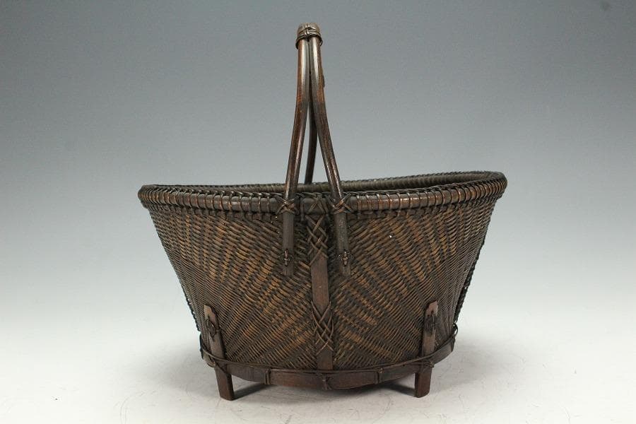 茶道具 唐物 竹網 籠 炭斗 手付 時代物(K-YC464)