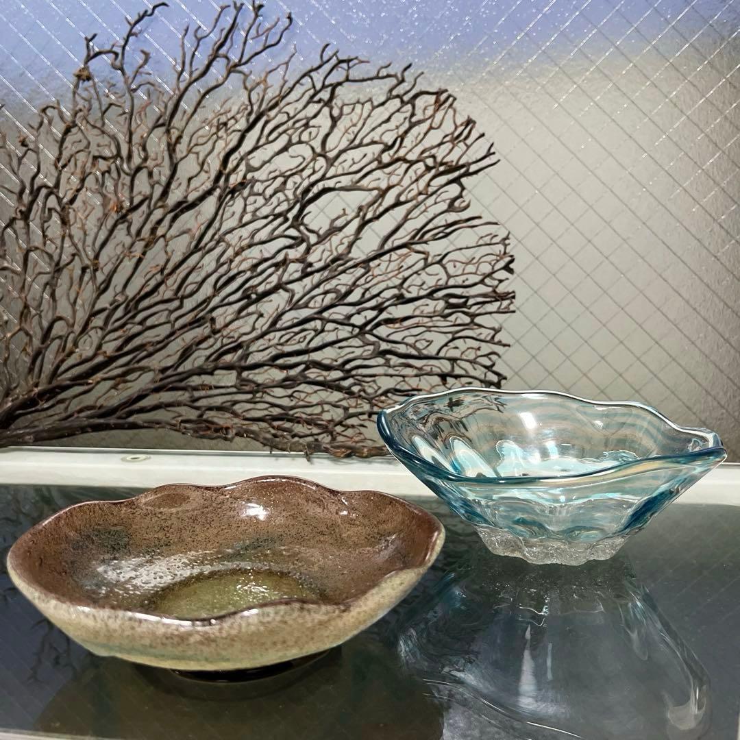 骨董　琉球ガラス　工芸ガラス　現代の名工　稲嶺盛吉　３色泡ガラス　小鉢