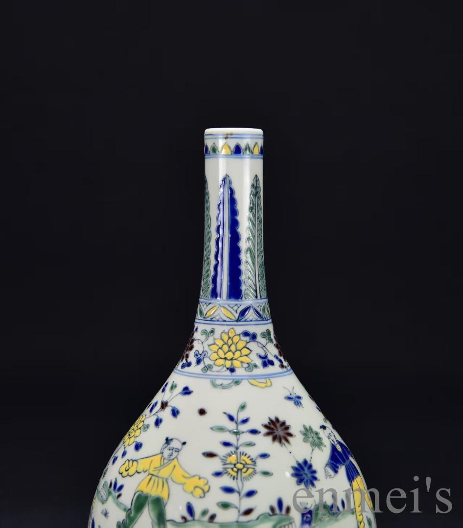 中国古美術・珍品・大明成化紋・闘彩嬰戯図胆瓶・花瓶・唐物・古陶磁器・古玩・古賞物