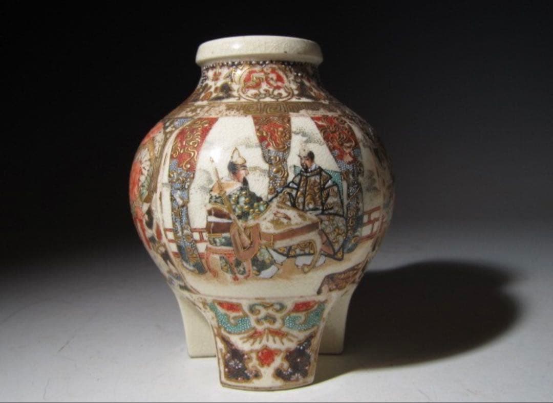 江戸期 京薩摩 帯山造 金襴手花入！7712