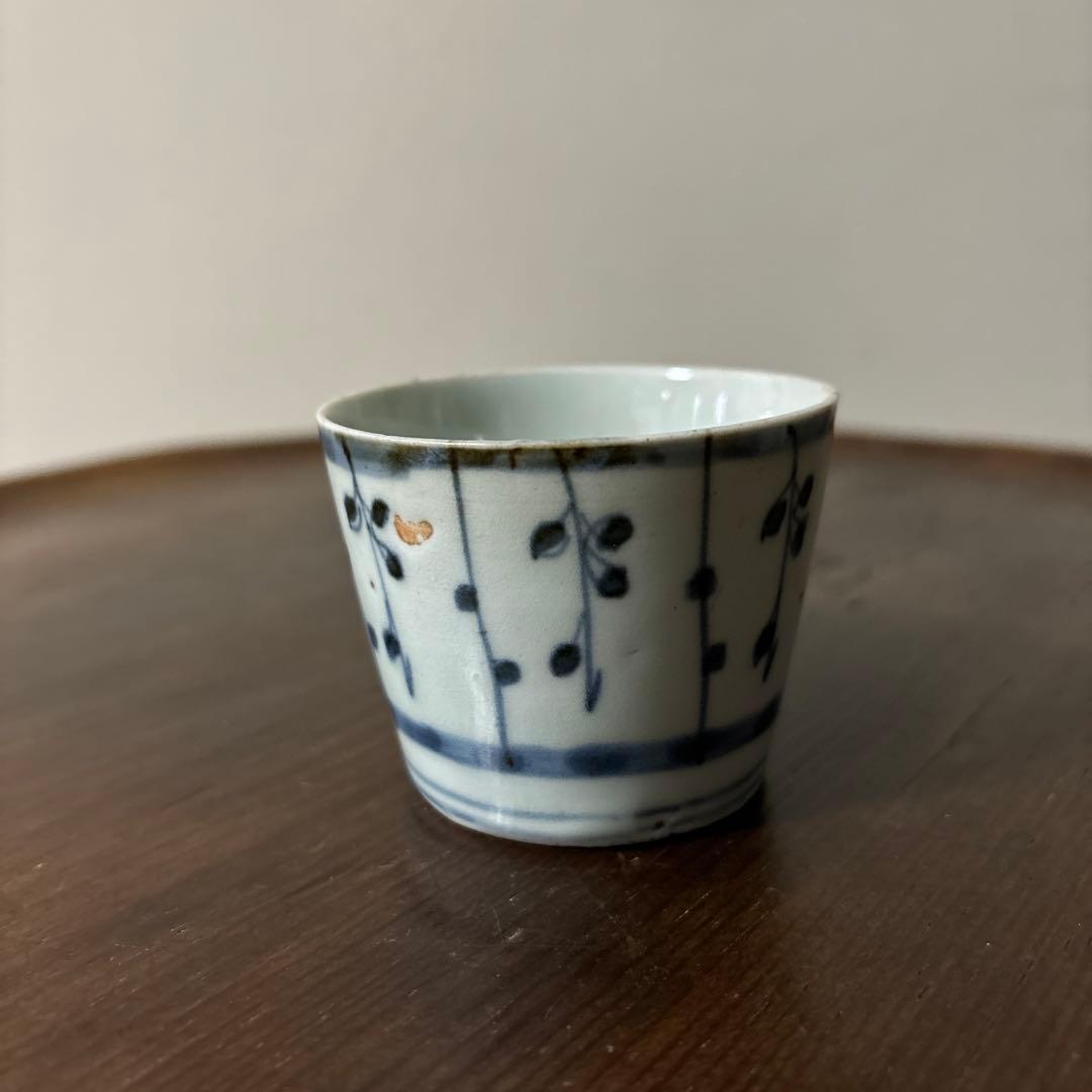 古伊万里染付　格子縞　蔓草文　蕎麦猪口　江戸初期.前期　盃　アンティーク　李朝