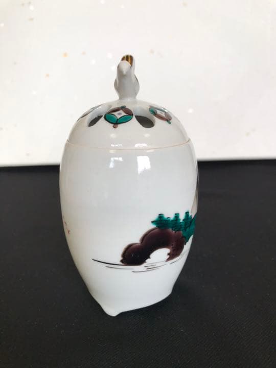 九谷の名工  三ツ井為吉作 色絵 十網図 香炉 K83 共箱 栞付き