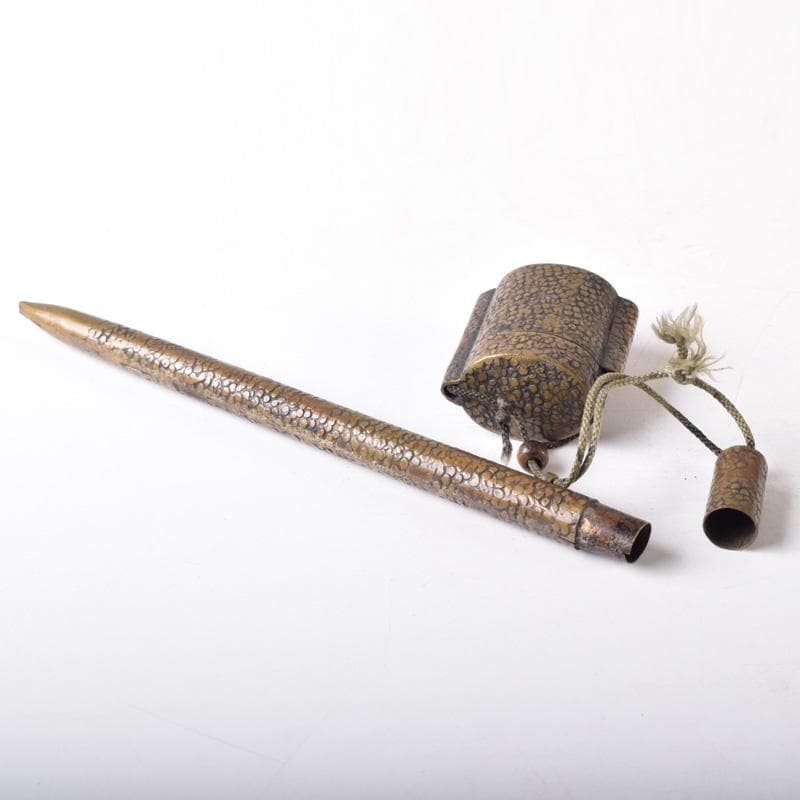 みみみ　時代提げ物　書道具　黄銅鎚目　矢立　筆　筆入　墨壺　C　7518