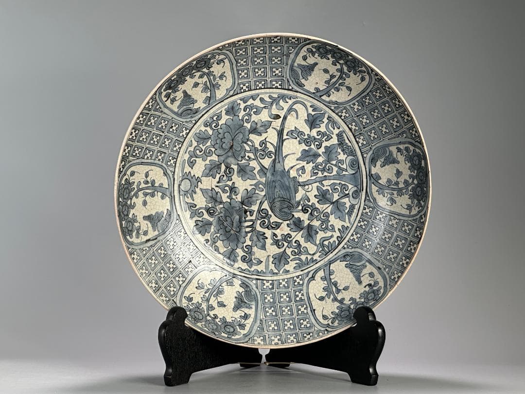 中国美術　16世紀頃　明代　明時代　青花花鳥文大盤　染付大皿　 唐物　安南大皿