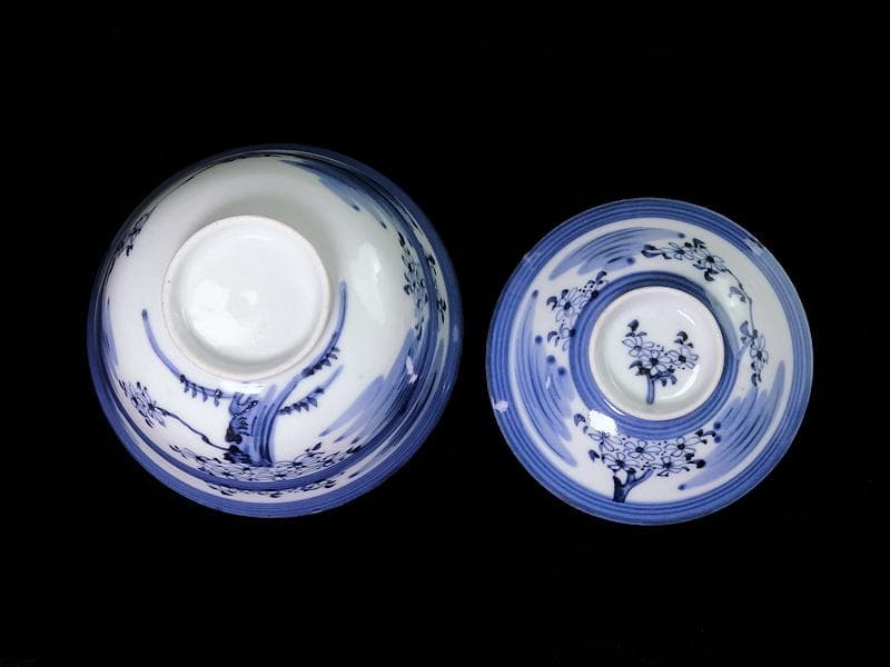 古伊万里　染付　輪線　桜花紋に霞の図　蓋茶碗　E864AS-COh