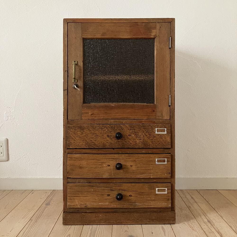 昭和レトロ 古い木製収納棚 ダイヤガラス キャビネット アンティーク 古道具