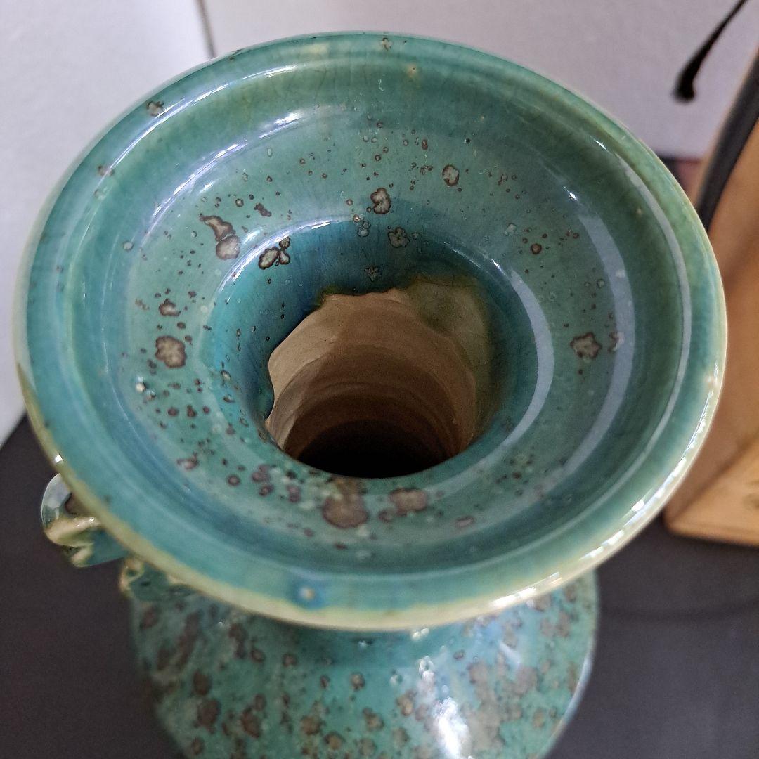 北大路魯山人　織部　双耳壺花瓶　箱裏書　古山子鑑定印　共箱入